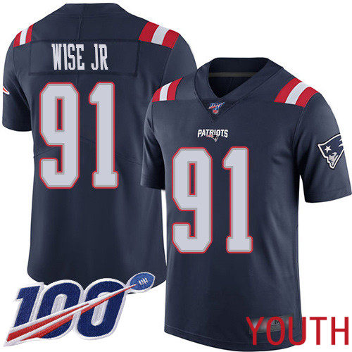 New England Patriots Football #91 100th Season Limited Navy Blue Youth Deatrich Wise Jr NFL Jersey->youth nfl jersey->Youth Jersey